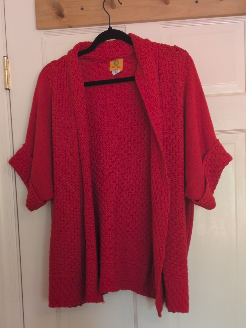 Ruby Rd. Coral-Red Open Front Knit Cardigan - Picture 1 of 5